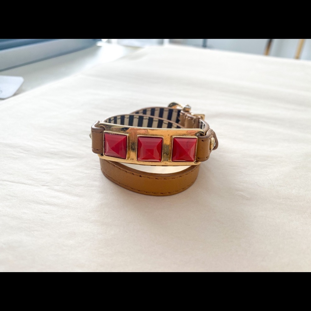 HENRI BENDEL Gold & Orange Studded Brown Leather Wrap Bracelet-Size OS